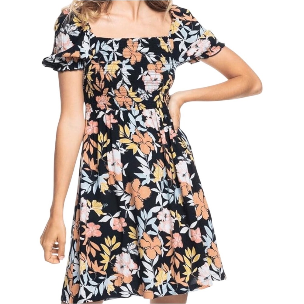 Roxy Women's Hello Petal Tropical Floral Print Mini Puff Sleeve Dress Medium M